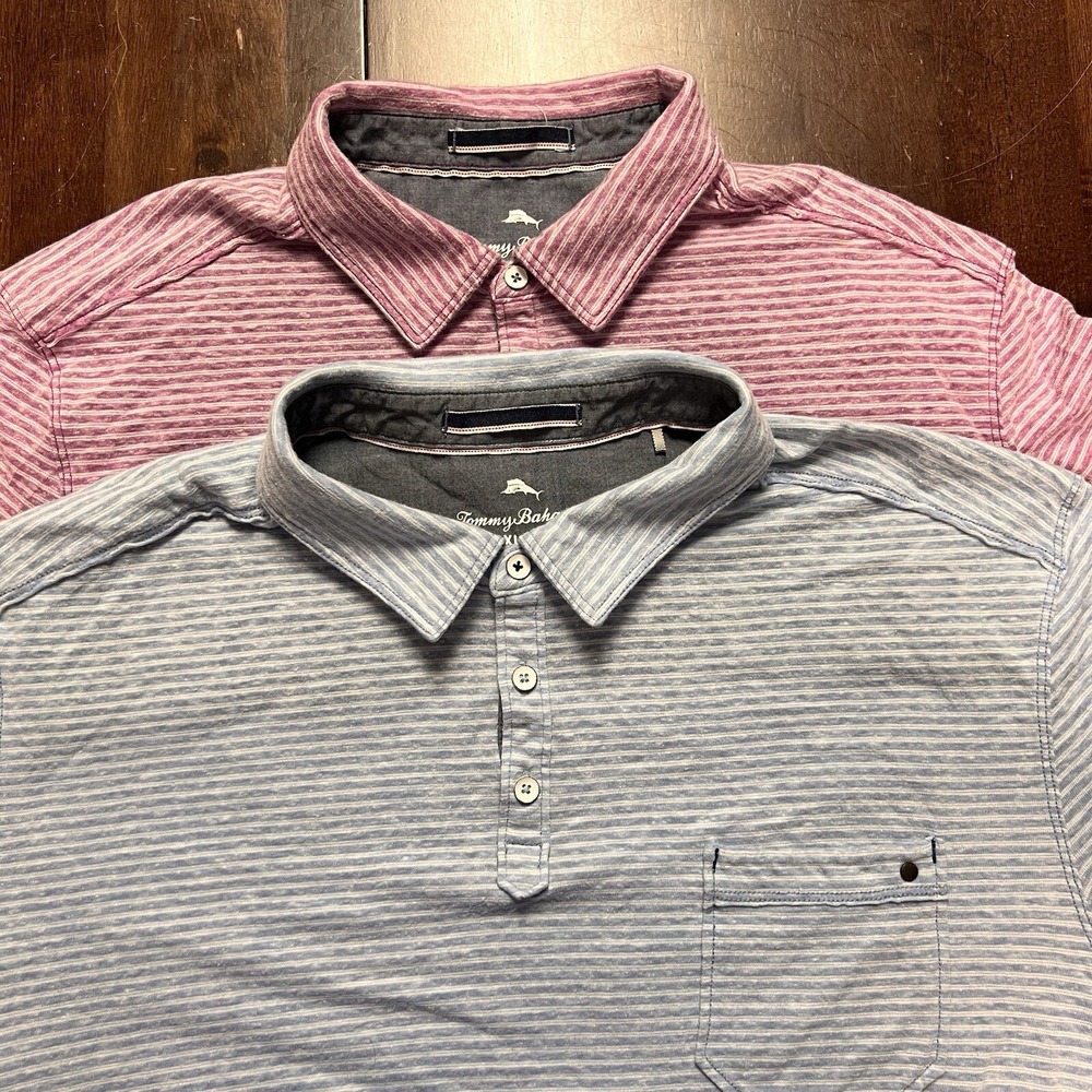 2 Tommy Bahama Polo Mens Shirts XL Heathered Blue Pink Short Sleeve Beach Preppy